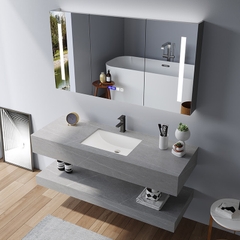 NT57 - Bàn đá chống xước 2 tầng, bề mặt nhám kết hợp chậu sứ âm, vòi nóng lạnh và tủ gương led.