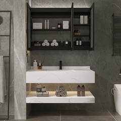 BD1026 - Bàn đá 2 tầng nhân tạo chống xước kết hợp chậu sứ âm, vòi nóng lạnh, tủ gương led cảm ứng.