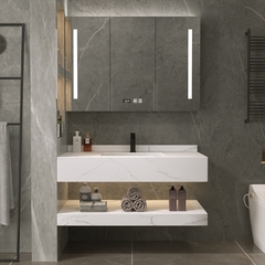 BD1026 - Bàn đá 2 tầng nhân tạo chống xước kết hợp chậu sứ âm, vòi nóng lạnh, tủ gương led cảm ứng.