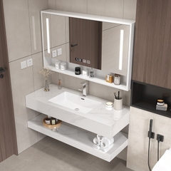 BD1025 - Bàn đá 2 tầng bề mặt bóng chống xước kết hợp chậu sứ âm liền mép, vòi nóng lạnh, tủ gương led cảm ứng.