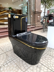 KA608 - Bồn cầu liền khối sứ nung tráng men nano đen viền sọc vàng cao cấp