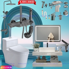 KANAX06 - Combo trọn bộ phòng tắm, bồn cầu liền khối,  bàn đá 2 tầng chậu sứ nổi, sen cây bàn phím ghi xám.........