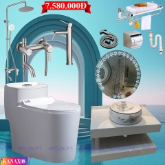 KANAX08 - Combo trọn bộ phòng tắm, bàn đá 2 tầng chậu nổi, gương led tròn cảm ứng