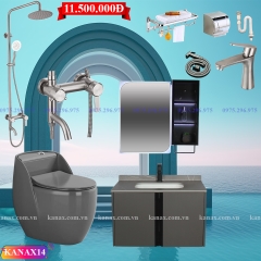 KANAX14 - Combo trọn bộ phòng tắm cao cấp, bồn cầu trứng, tủ chậu nhựa màu ghi xám