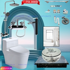 KANAX31 - Combo trọn bộ phòng tắm, bồn cầu liền khối,  bàn đá 1 tầng chậu sứ nổi, sen cây nhiệt độ ....