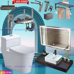 KANAX34 - Combo trọn bộ bồn cầu thông minh, bàn đá 2 tầng chống xước, sen cây bàn phím ghi xám...