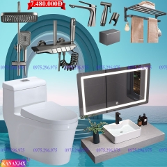 KANAX34 - Combo trọn bộ bồn cầu thông minh, bàn đá 2 tầng chống xước, sen cây bàn phím ghi xám...