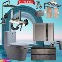 KANAX49 - Combo trọn bộ phòng tắm, bồn cầu ghi xám, tủ chậu nhựa ghi xám..