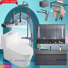 KANAX56 - Combo trọn bộ phòng tắm cao cấp, tủ chậu nhựa, bồn cầu liền khối men nano tuyết