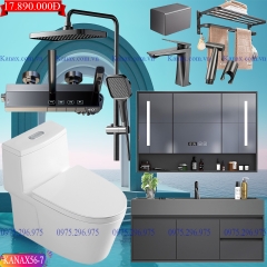 KANAX56 - Combo trọn bộ phòng tắm cao cấp, tủ chậu nhựa, bồn cầu liền khối men nano tuyết
