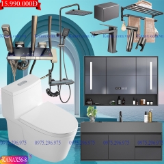 KANAX56 - Combo trọn bộ phòng tắm cao cấp, tủ chậu nhựa, bồn cầu liền khối men nano tuyết