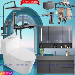 KANAX56 - Combo trọn bộ phòng tắm cao cấp, tủ chậu nhựa, bồn cầu liền khối men nano tuyết