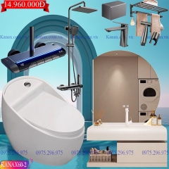 KANAX60 - Combo trọn bộ phòng tắm, tủ chậu nhựa, bồn cầu trứng men nano tuyết