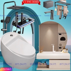 KANAX60 - Combo trọn bộ phòng tắm, tủ chậu nhựa, bồn cầu trứng men nano tuyết