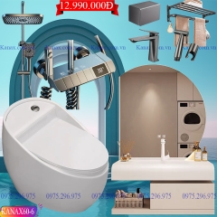 KANAX60 - Combo trọn bộ phòng tắm, tủ chậu nhựa, bồn cầu trứng men nano tuyết