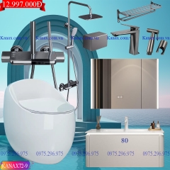 KANAX72 - Combo trọn bộ phòng tắm, bồn cầu trứng, tủ chậu nhựa trắng cao cấp