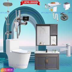 LUXURY19 - Combo phòng tắm cao cấp . Bồn cầu liền khối nắp UF chống xước, bàn đá 2 tầng đen vân mây.