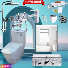 LUXURY25 - Combo phòng tắm cao cấp . Bồn cầu trứng liền khối nắp UF chống xước, chậu sứ vuông treo, sen cây nóng lạnh vuông