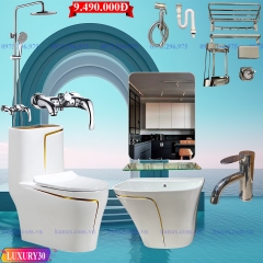 LUXURY30 - Combo phòng tắm cao cấp . Bồn cầu liền khối, chậu sứ treo màu trắng viền vàng