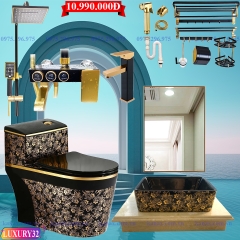 LUXURY32 - Combo phòng tắm bồn cầu hoa văn đen vàng, bàn đá 1 tầng chậu sứ hoa văn...