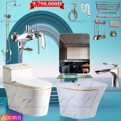 LUXURY31 - Combo phòng tắm cao cấp . Bồn cầu liền khối, chậu sứ treo màu trắng vân đá viền vàng