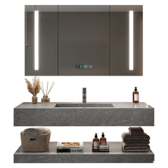 NT61 - Bàn đá 2 tầng chậu liền khối bề mặt nhám chống xước, kết hợp vòi nóng lạnh và tủ gương led cảm ứng.