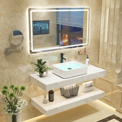 NT16 - Bàn đá nhân tạo 2 tầng, đen vân mây kêt hợp chậu sứ nổi(Chưa bao gồm vòi và gương)