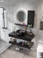 BDNK.204 - Bàn đá đôi nhân tạo bề mặt nhám chống xước kết hợp chậu sứ nổi, vòi nóng lạnh cao, gương led tròn, tủ nhựa cạnh.