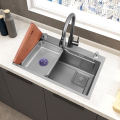 Chậu bếp 1 hố chống bám dính cao cấp CH01. Kèm thớt gỗ và rổ inox, phụ kiện thoát nước cao cấp