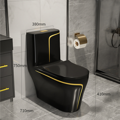 KA608 - Bồn cầu liền khối sứ nung tráng men nano đen viền sọc vàng cao cấp