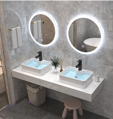 BÀN ĐÁ ĐƠN NHÂN TẠO TRONG NƯỚC 1 TẦNG KẾT HỢP 2 CHẬU NỔI VÀ 2 GƯƠNG LED TRÒN BD31