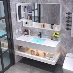 NT31 - Bàn đá 2 tầng nhân tạo, trắng vân mây, kết hợp chậu sứ âm, vòi nóng lạnh và tủ gương.
