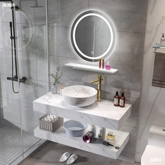 BDNK.202 - Bàn đá đôi nhân tạo bề mặt nhám chống xước kết hợp chậu sứ nổi, vòi nóng lạnh cao, gương led tròn.