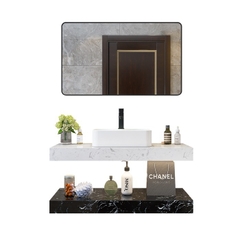BD1019 - Bàn đá nhân tạo 2 tầng đen trắng vân mây, kết hợp chậu sứ nổi, vòi nóng lạnh và gương viền thép đen.