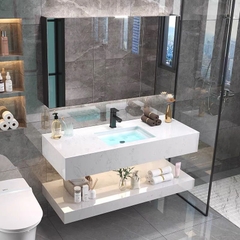 NT31-1 - Bàn đá nhân tạo 2 tầng kết hợ chậu sứ âm, tủ gương nhựa cánh mở, vòi nóng lạnh.