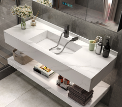 NT59 - Bàn đá 2 tầng chậu liền khối bề mặt nhám chống xước, kết hợp vòi nóng lạnh và tủ gương led cảm ứng.