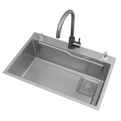 Chậu bếp 1 hố chống bám dính cao cấp CH01. Kèm thớt gỗ và rổ inox, phụ kiện thoát nước cao cấp