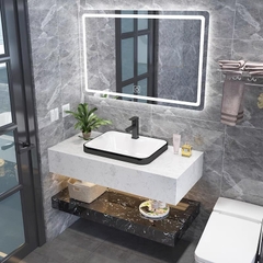 NT.BA.01 - Bàn đá 2 tầng trong nước, màu đen trắng kết hợp chậu sứ bán âm, vòi nóng lạnh và gương led cảm ứng.