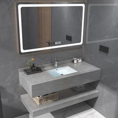 NT22 - Bàn đá 2 tầng bề mặt nhám chống xước kết hợp chậu sứ âm, vòi nóng lạnh và gương led cảm ứng.