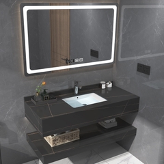 NT23 - Bàn đá 2 tầng bề mặt nhám chống xước kết hợp chậu sứ âm, vòi nóng lạnh và gương led cảm ứng.