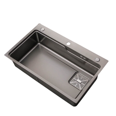 Chậu bếp 1 hố chống bám dính cao cấp CH01. Kèm thớt gỗ và rổ inox, phụ kiện thoát nước cao cấp