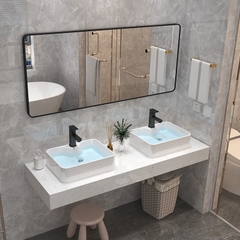 BÀN ĐÁ ĐƠN NHÂN TẠO TRONG NƯỚC 1 TẦNG KẾT HỢP 2 CHẬU NỔI VÀ GƯƠNG VIỀN THÉP CHỮ NHẬT BD34