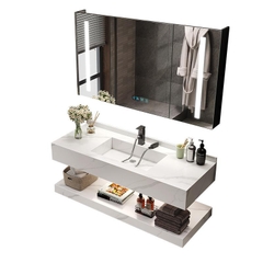 NT59 - Bàn đá 2 tầng chậu liền khối bề mặt nhám chống xước, kết hợp vòi nóng lạnh và tủ gương led cảm ứng.