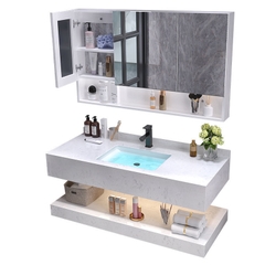 NT31 - Bàn đá 2 tầng nhân tạo, trắng vân mây, kết hợp chậu sứ âm, vòi nóng lạnh và tủ gương.
