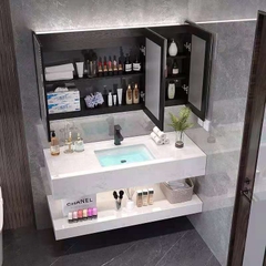 NT31-1 - Bàn đá nhân tạo 2 tầng kết hợ chậu sứ âm, tủ gương nhựa cánh mở, vòi nóng lạnh.