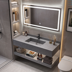 BDNK.209 - Bàn đá 2 tầng chậu liền khối chống xước, bề mặt nhám kết hợp vòi nóng lạnh, gương led cảm ứng.