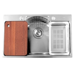 Chậu bếp 1 hố chống bám dính cao cấp CH03. Kèm thớt gỗ và rổ inox, phụ kiện thoát nước cao cấp