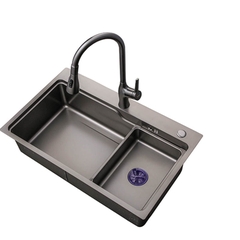 Chậu bếp 1 hố chống bám dính cao cấp CH01. Kèm thớt gỗ và rổ inox, phụ kiện thoát nước cao cấp