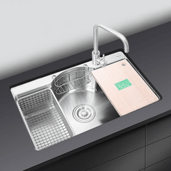 Chậu bếp 1 hố chống bám dính cao cấp CH03. Kèm thớt gỗ và rổ inox, phụ kiện thoát nước cao cấp
