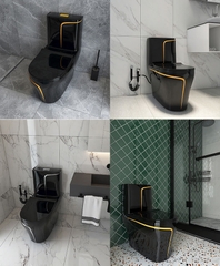 KA608 - Bồn cầu liền khối sứ nung tráng men nano đen viền sọc vàng cao cấp